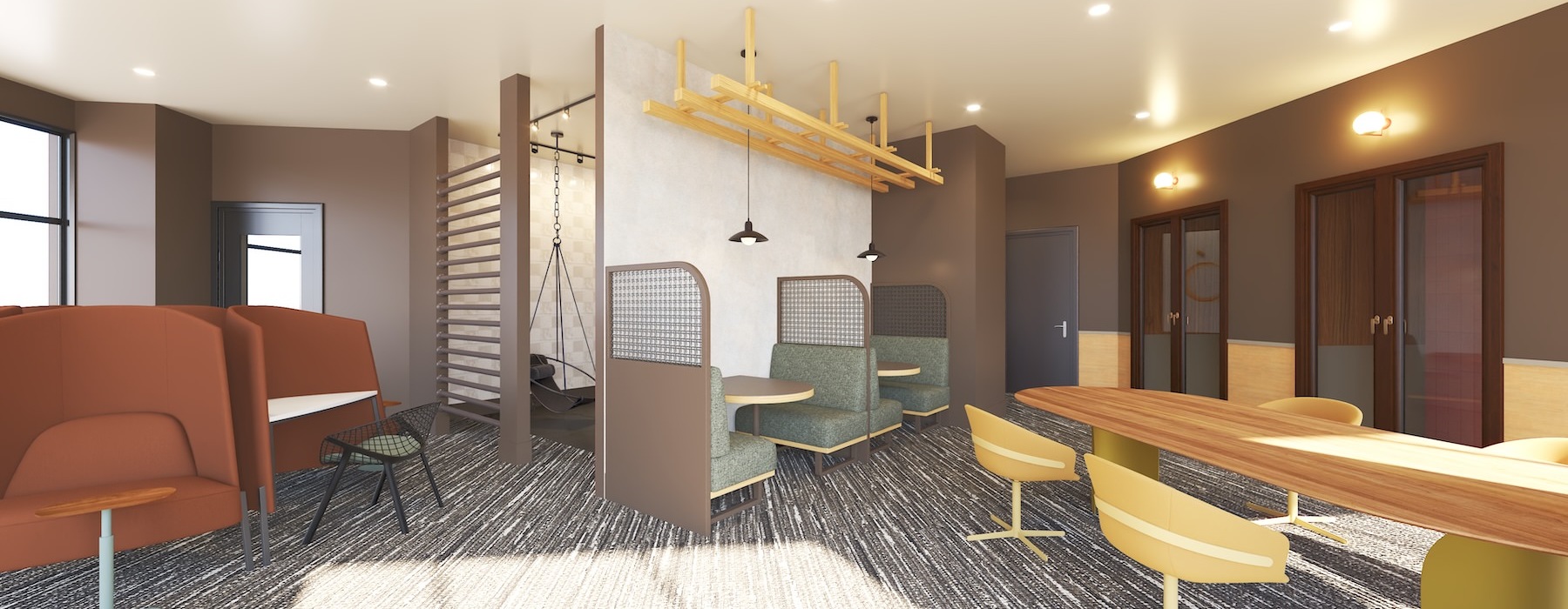 a clubroom with chairs and tables