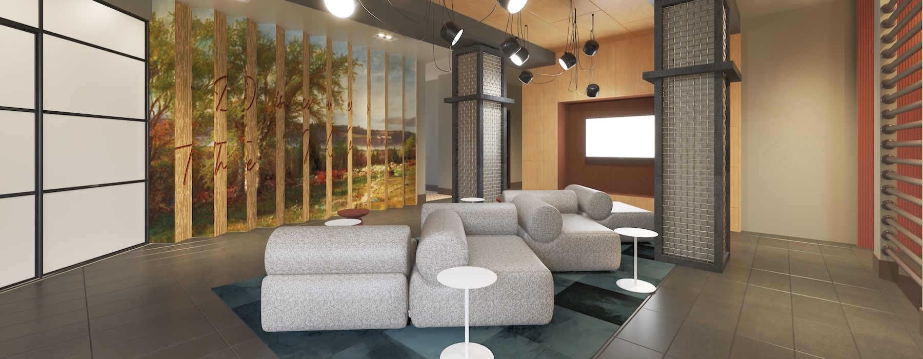 a clubroom with a large couch and a tv