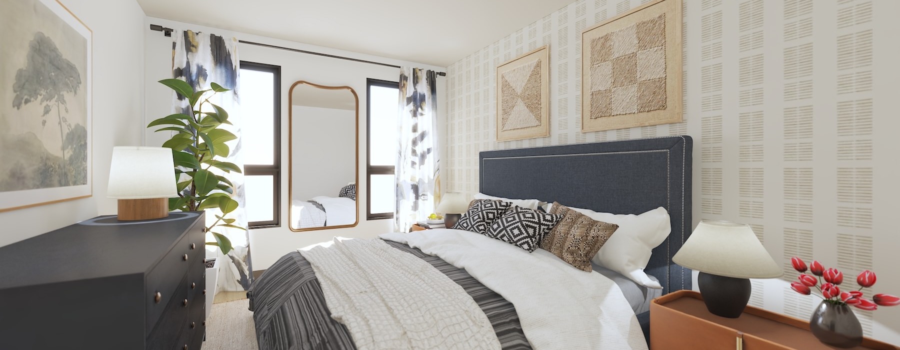 a bedroom with a bed and a mirror